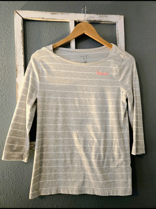 a new day Tops - A New Day | Striped GrayPink "Hey You" Boatneck 3/4 Sleeve Tee - Medium